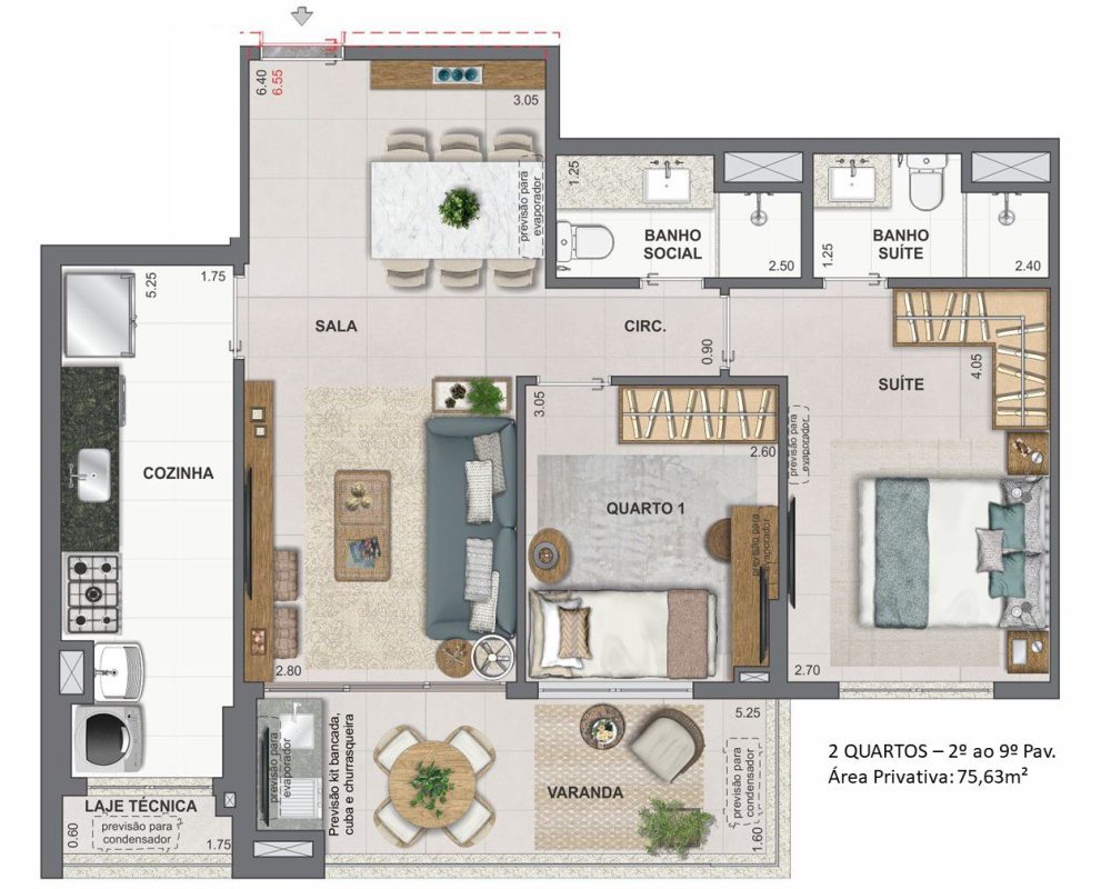 Apartamento 2 quartos - 2º ao 9º andar - 75m2