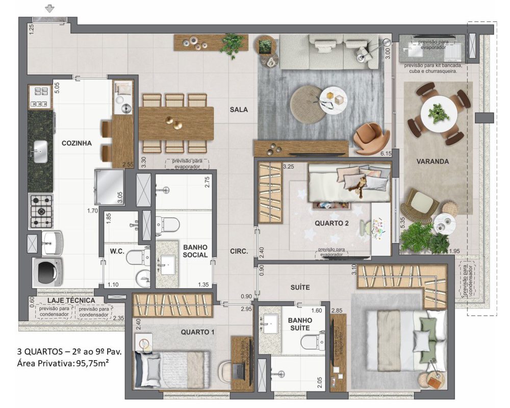 Apartamento 3 quartos - 2º ao 9º andar - 95m2 - planta 2