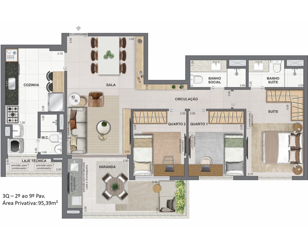 Apartamento 3 quartos - 2º ao 9º andar - 95m2