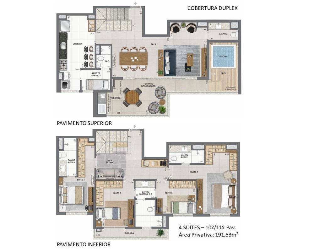Cobertura duplex - 4 suítes - 10º e 11º andar - 191m2